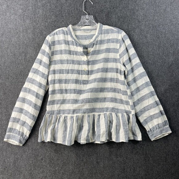 Lucky Brand Blouse Women's Medium Gray Cream Striped Peplum Long Sleeve - Picture 1 of 9